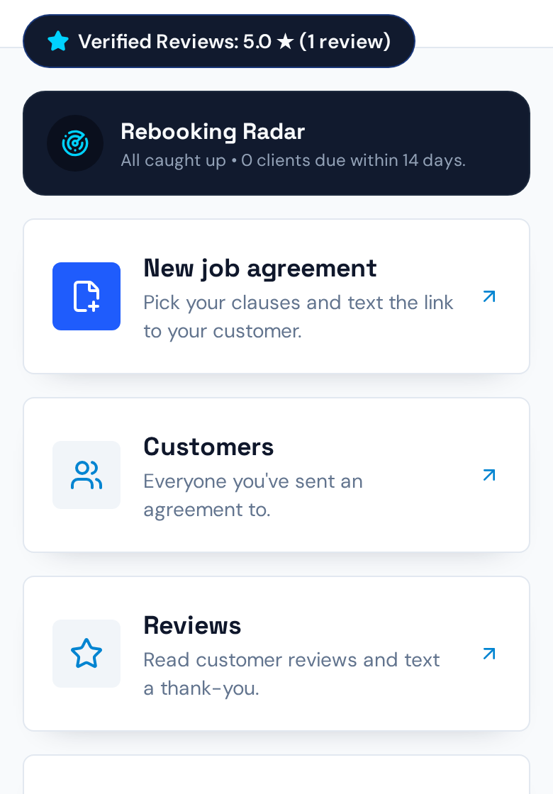 Contractor dashboard with verified reviews, rebooking radar, and shortcuts to agreements, customers, reviews and payments