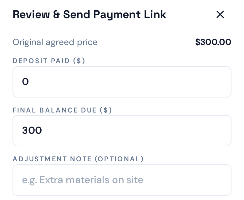 Payment link review sheet with original agreed price, deposit paid, final balance due and adjustment note