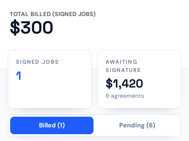 Payments page showing total billed on signed jobs and agreements awaiting signature