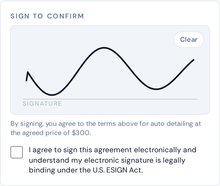 Signature card where the customer signs with a finger and confirms electronic signature consent